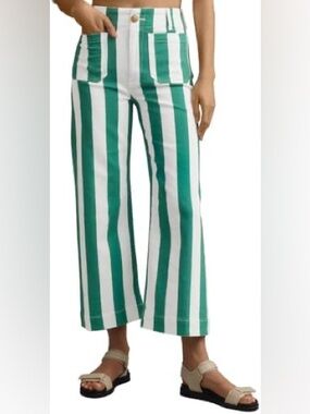 Amazon Green and White Vertical Stripe Cropped Wide-Leg Pants